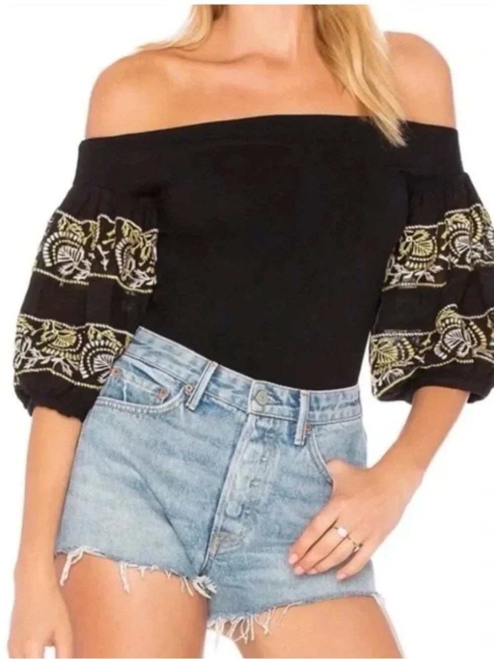 Free People Rock With It Off Shoulder Top Black Embroidered Puff Sleeve S/P